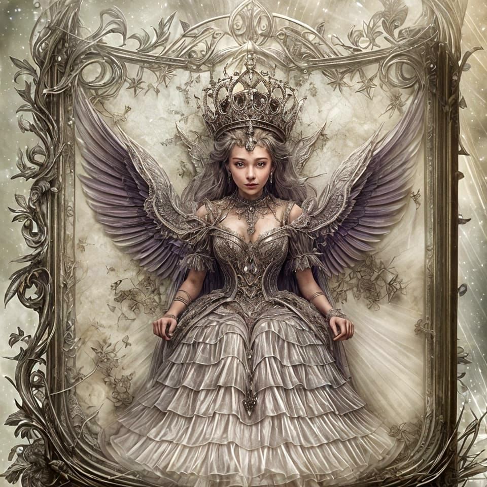 a celestial librarian with iridescent wings