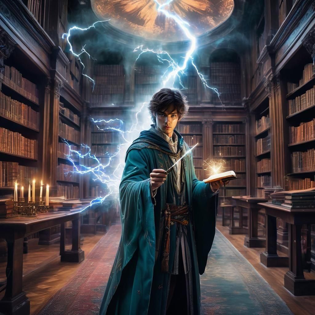 Wizard Casting Lightning Spell in Enchanted Library
