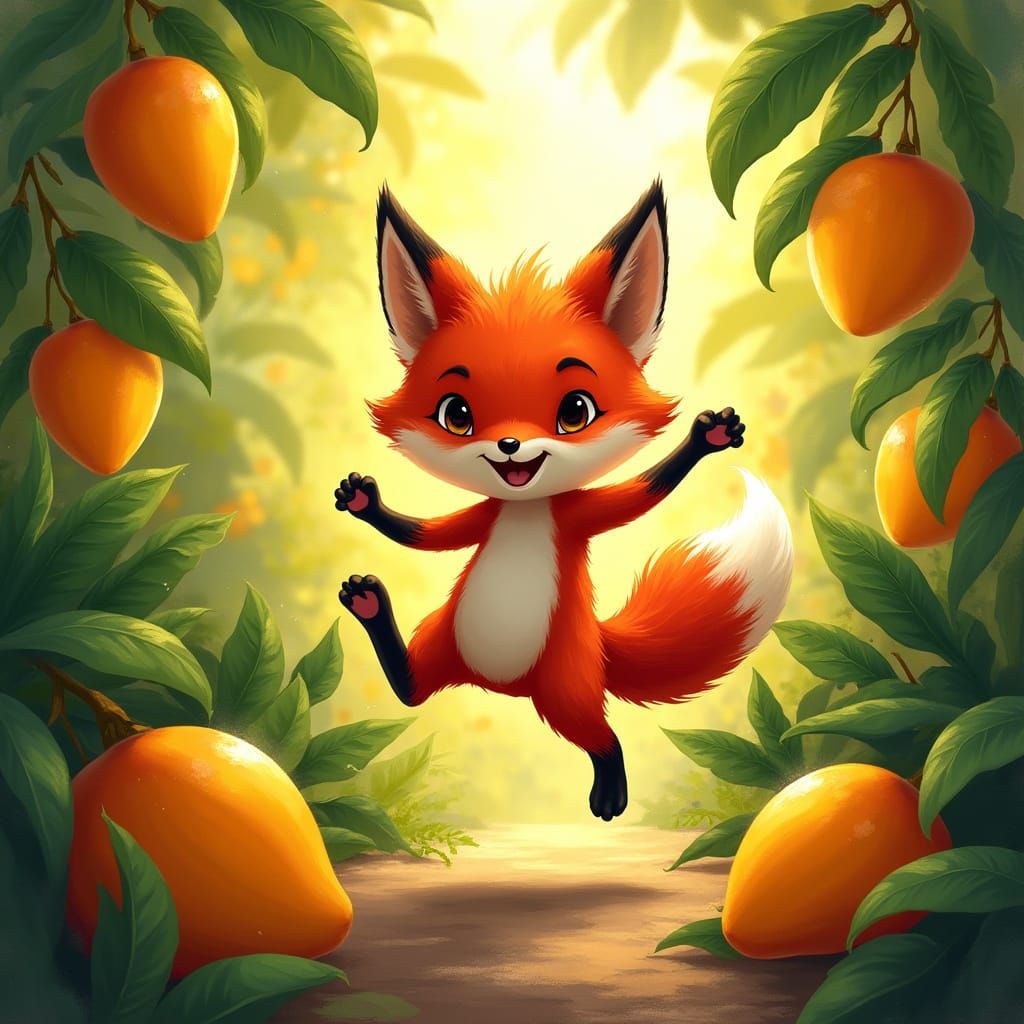 Fox Dancing in Mango Garden in Painterly Style