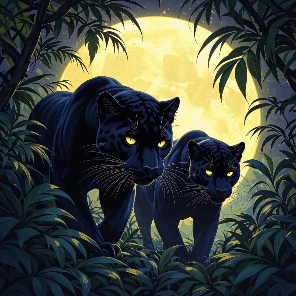 Moonlit Panthers in Dark Fantasy Style