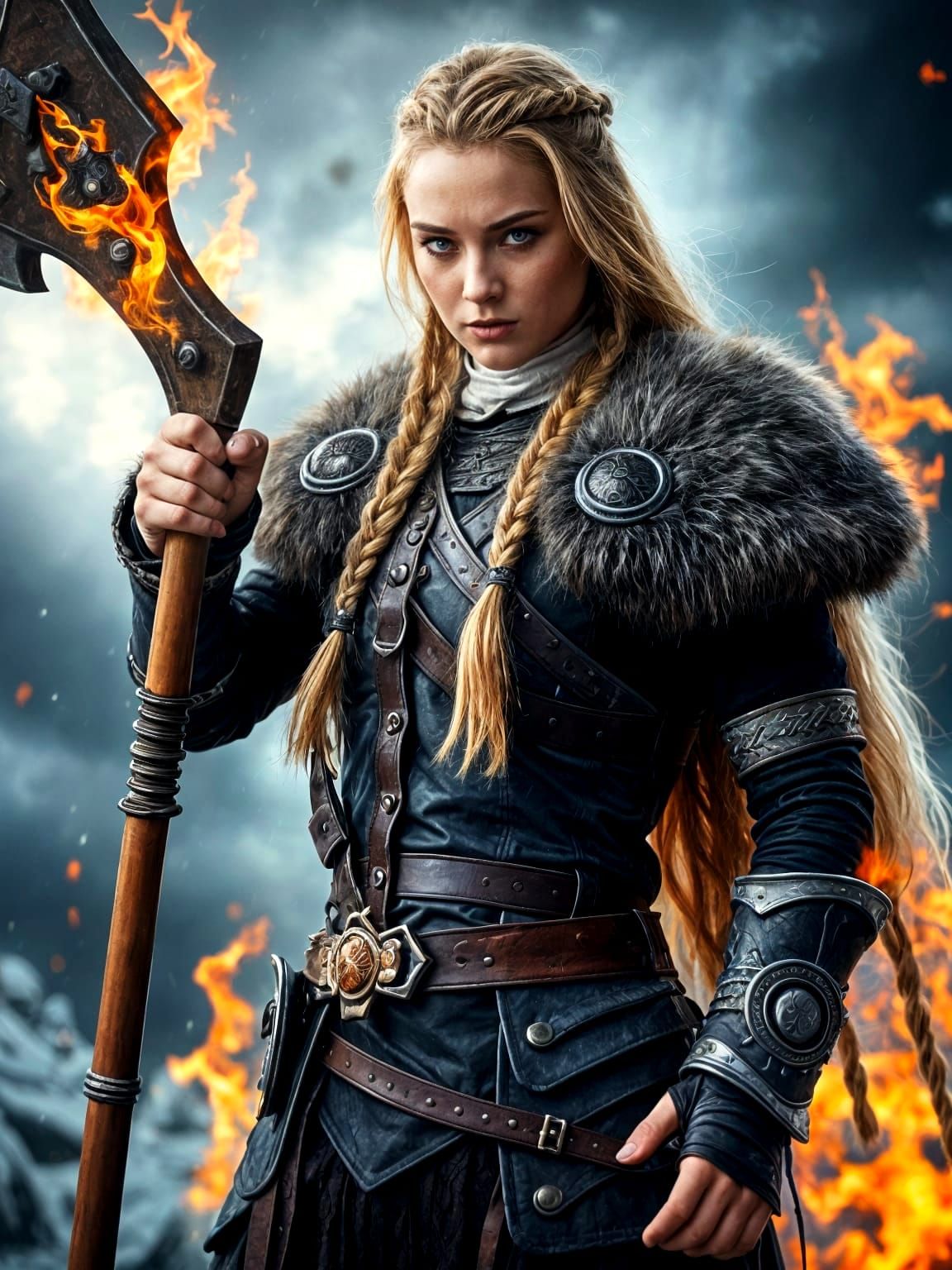 Viking Warrior Goddess in Leather Armor with Battle Axe