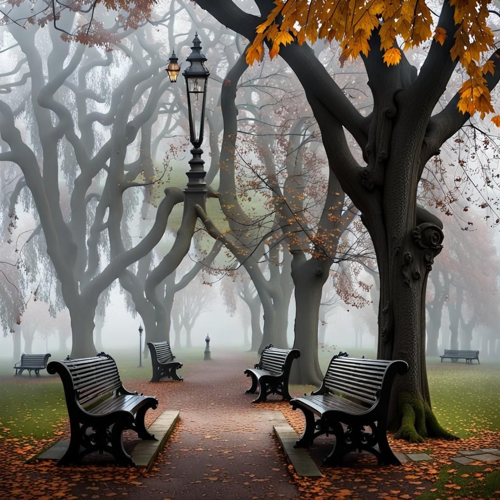 Gothic Victorian Park in Autumn Fog
