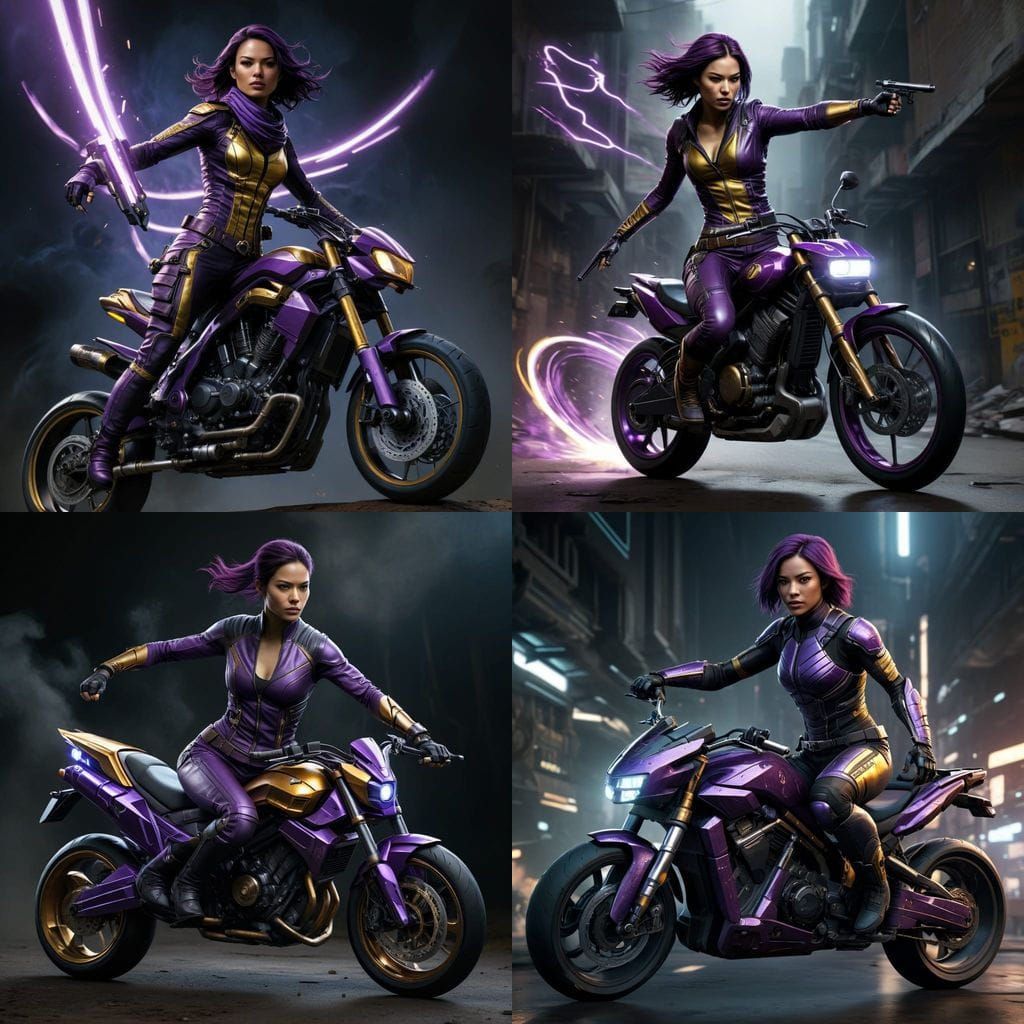 Cyberpunk Assassin Rides Anti-Gravity Bike in Purple Gold Ge...