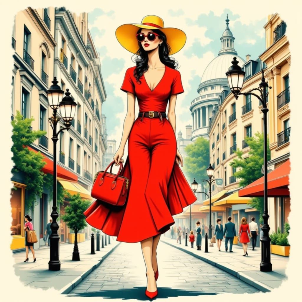 Fashionable Woman in Red Dress and Yellow Sunhat on Parisian...