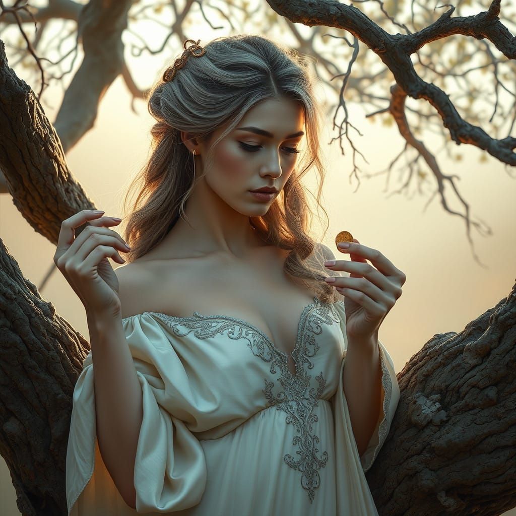 Hyperrealistic Woman in Ancient Mystical Scene