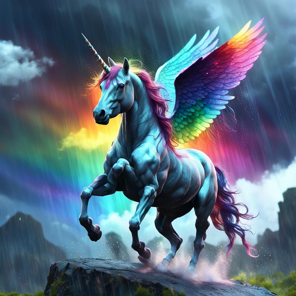Rainbow Unicorn in Lightning Storm, Digital Art