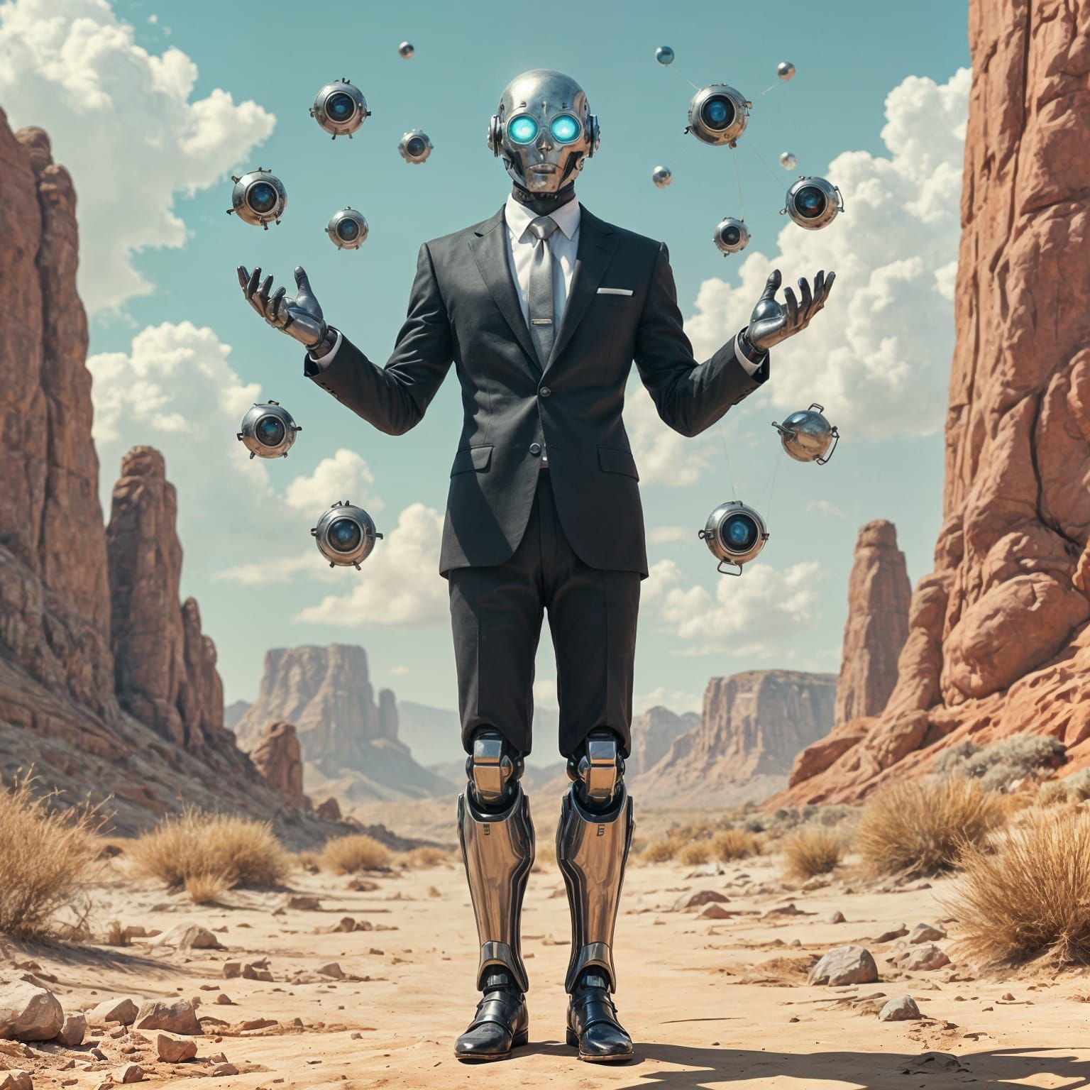 Cyborg Lawyer Juggling Gadgets in Post-Apocalyptic City