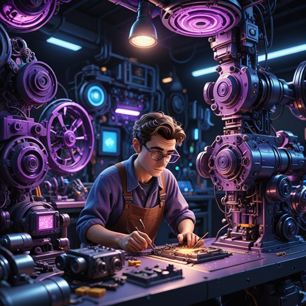 Futuristic younger Maurice, Belle's father from Beauty and the Beast, assembling his inventions in s cif-fi workshop. Pi...