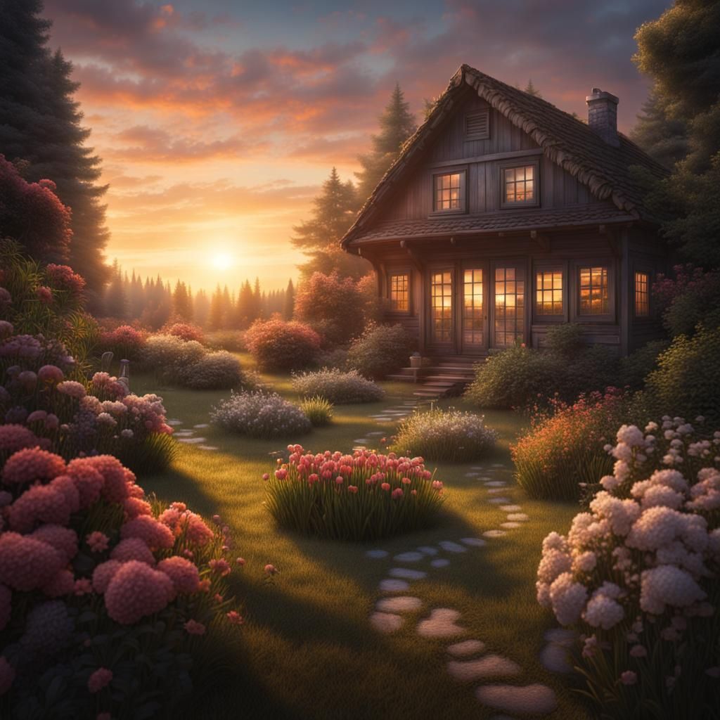 Sunrise Flower Garden with Pine Trees