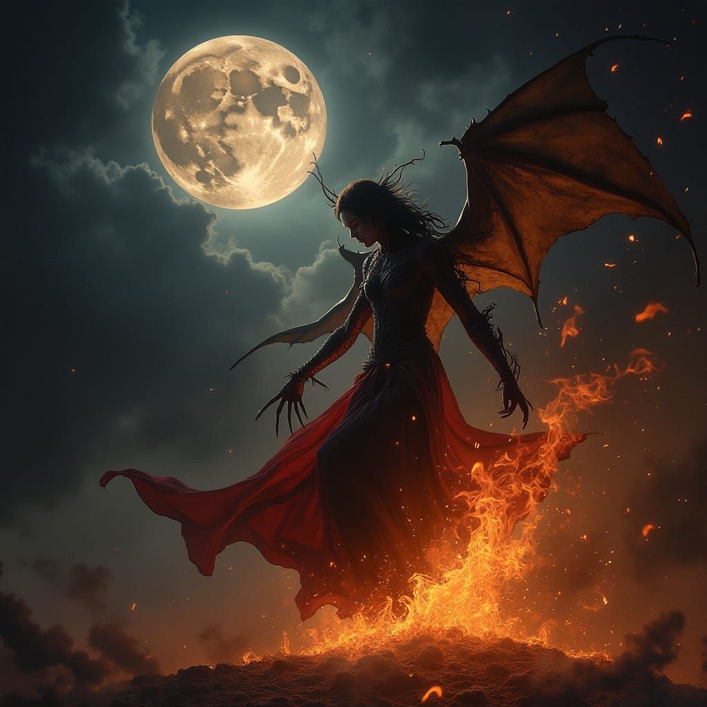 Dark Gothic Succubus Dances Amidst Infernal Flames