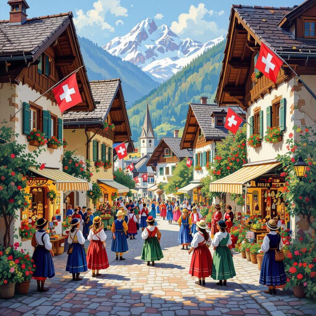 Festive Swiss Alpine Village in Folk Art Style
