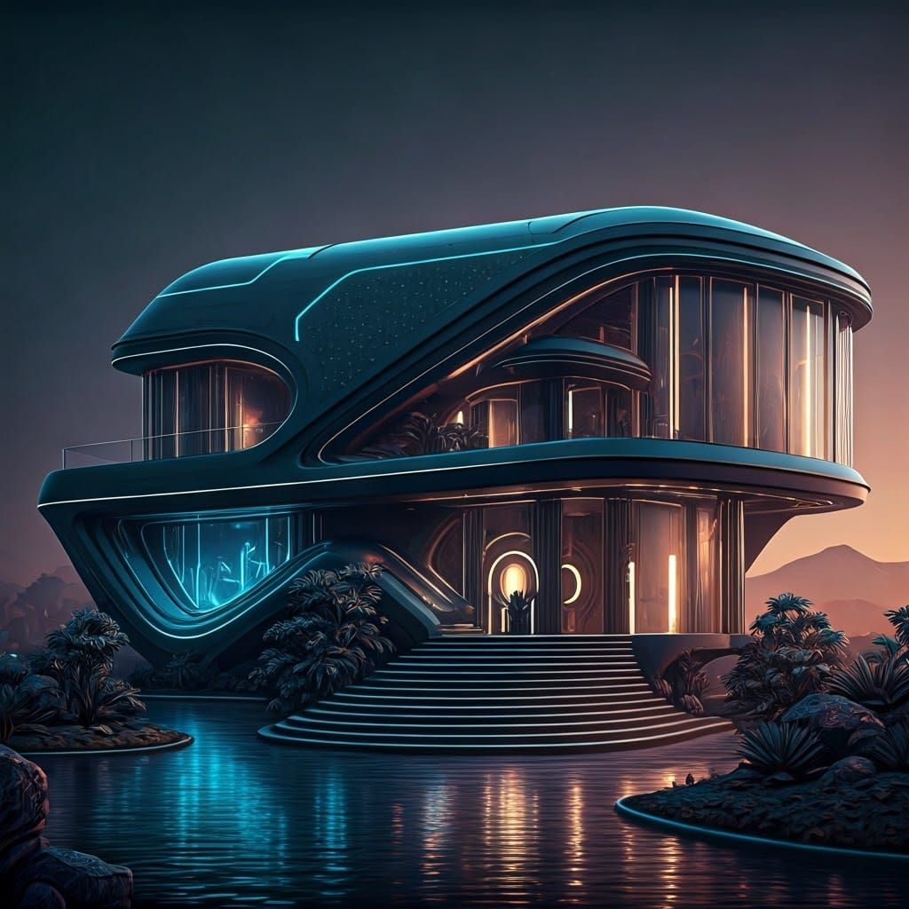 Cyberpunk Waterfront Estate with Neon Accents