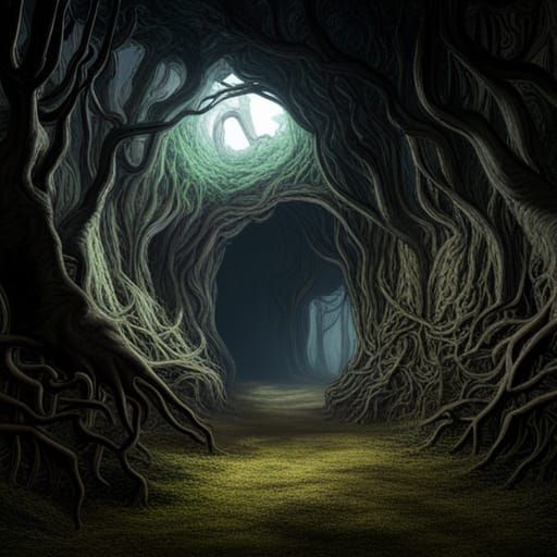 Scary Forest Cave Entrance in Hyperdetailed Twilight