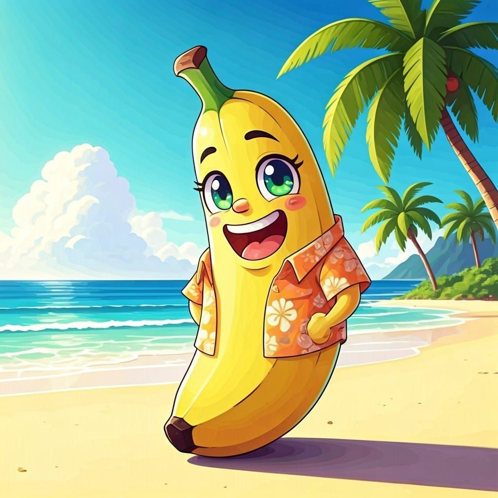 Cheerful Banana Character on Sunny Beach, in Anime Style