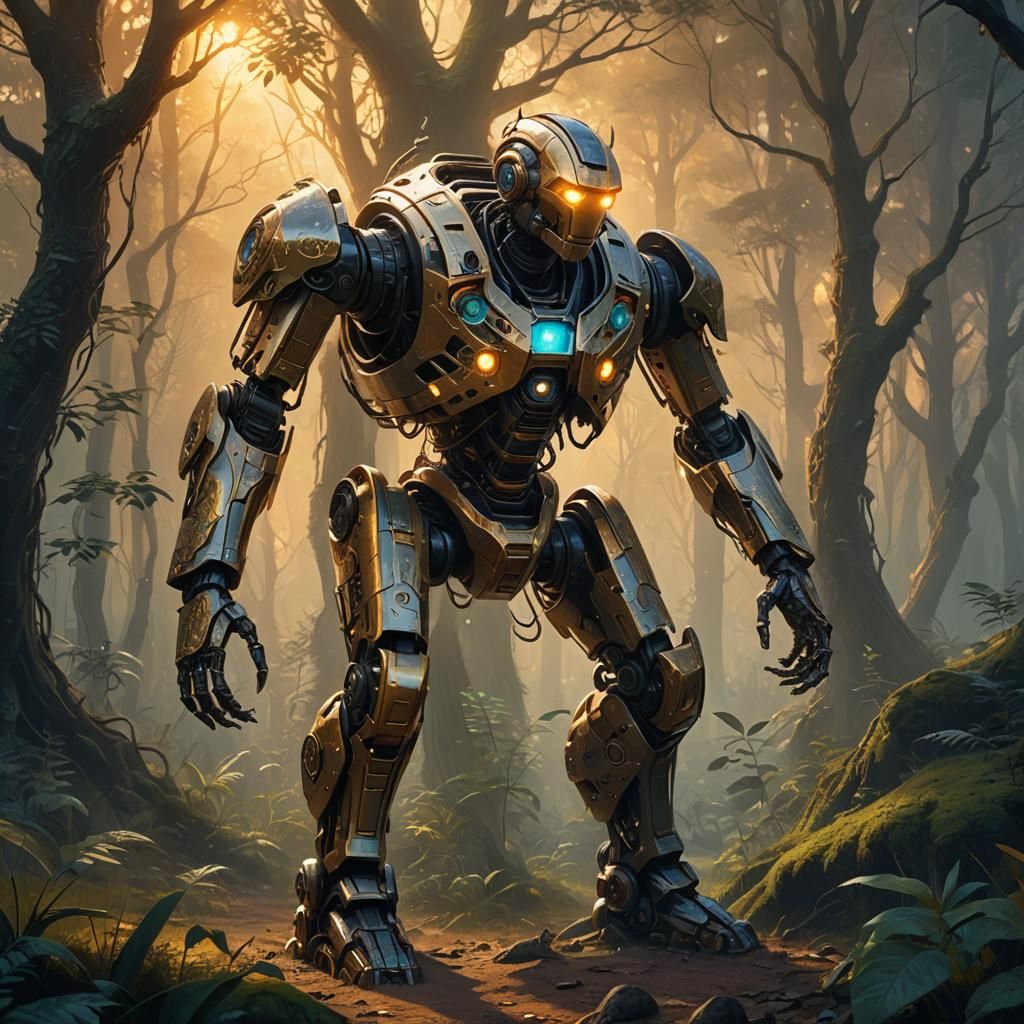 Robot With Human Leg in Mystical Forest