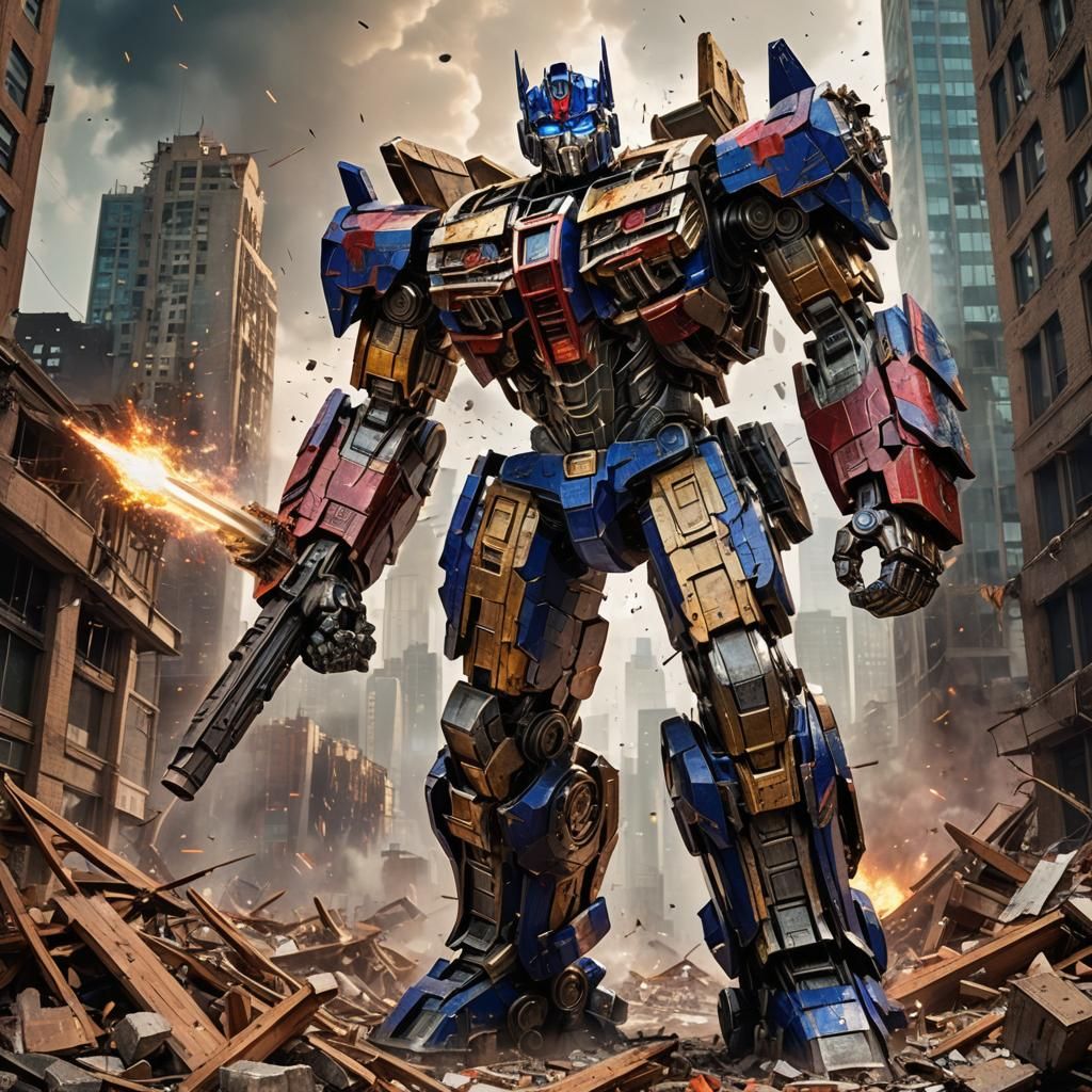 Heroic Optimus Prime in Cloudy Cityscape