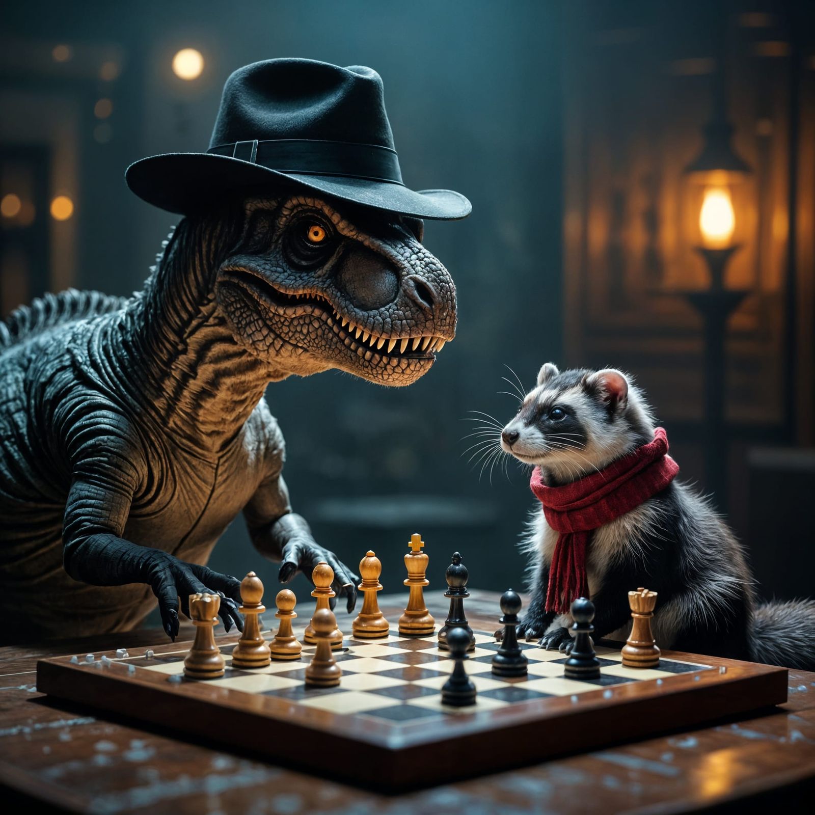 T-Rex and Ferret Chess Game in Cinematic Style