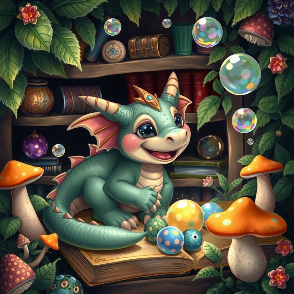 Enchanted Bookshelf Realm with Whimsical Critters and Shiny ...
