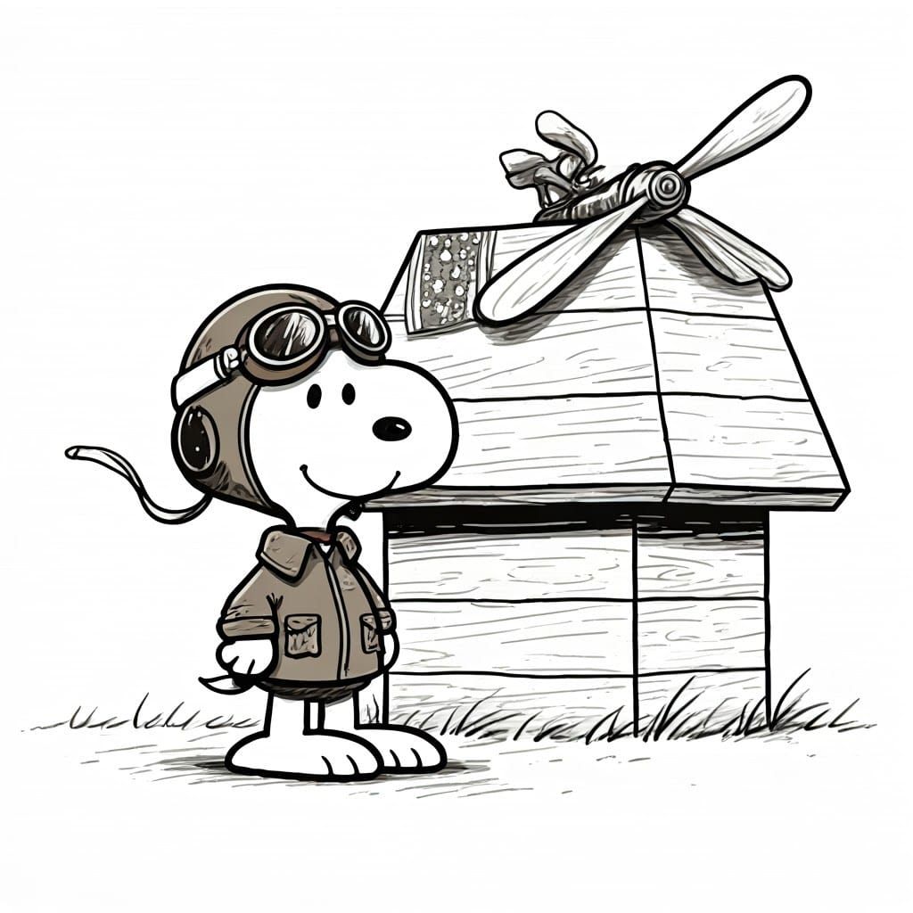 Black and white ink drawing of Snoopy as a WWI fighter pilot next to his dog house