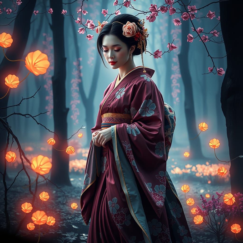 Ethereal Geisha in Misty Forest: Psychedelic Japanese Art