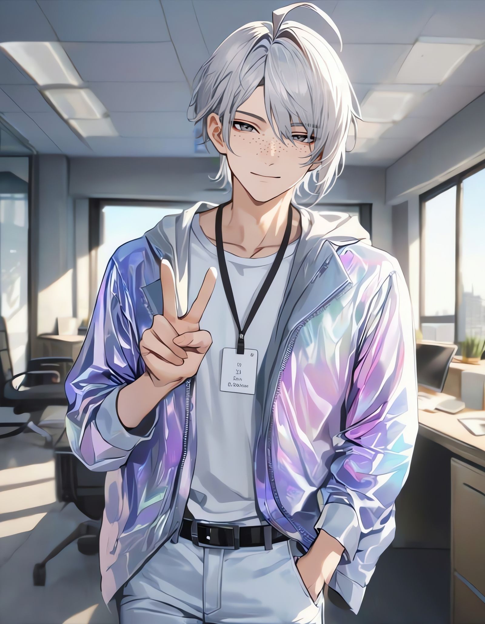 Bishounen in Office with Iridescent Jacket