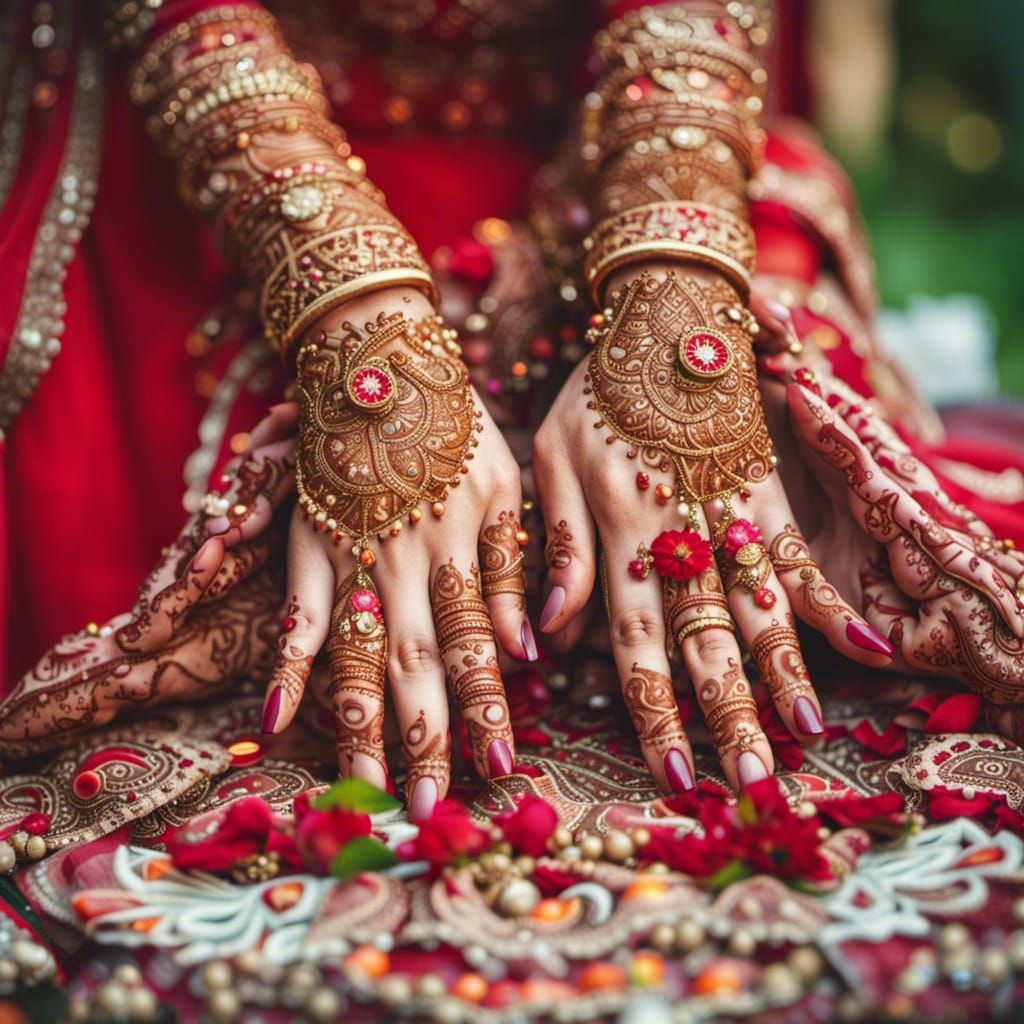 Indian Bride at Mehndi Party with Henna Tattoo