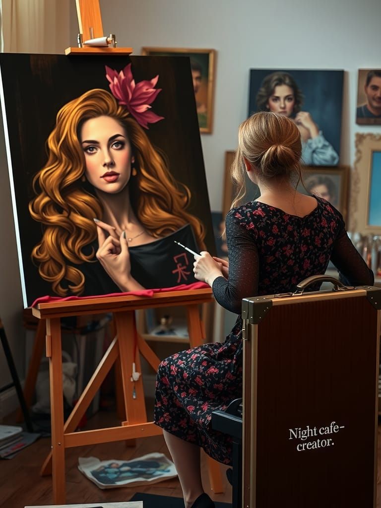 Artist in Studio Paints Self-Portrait
