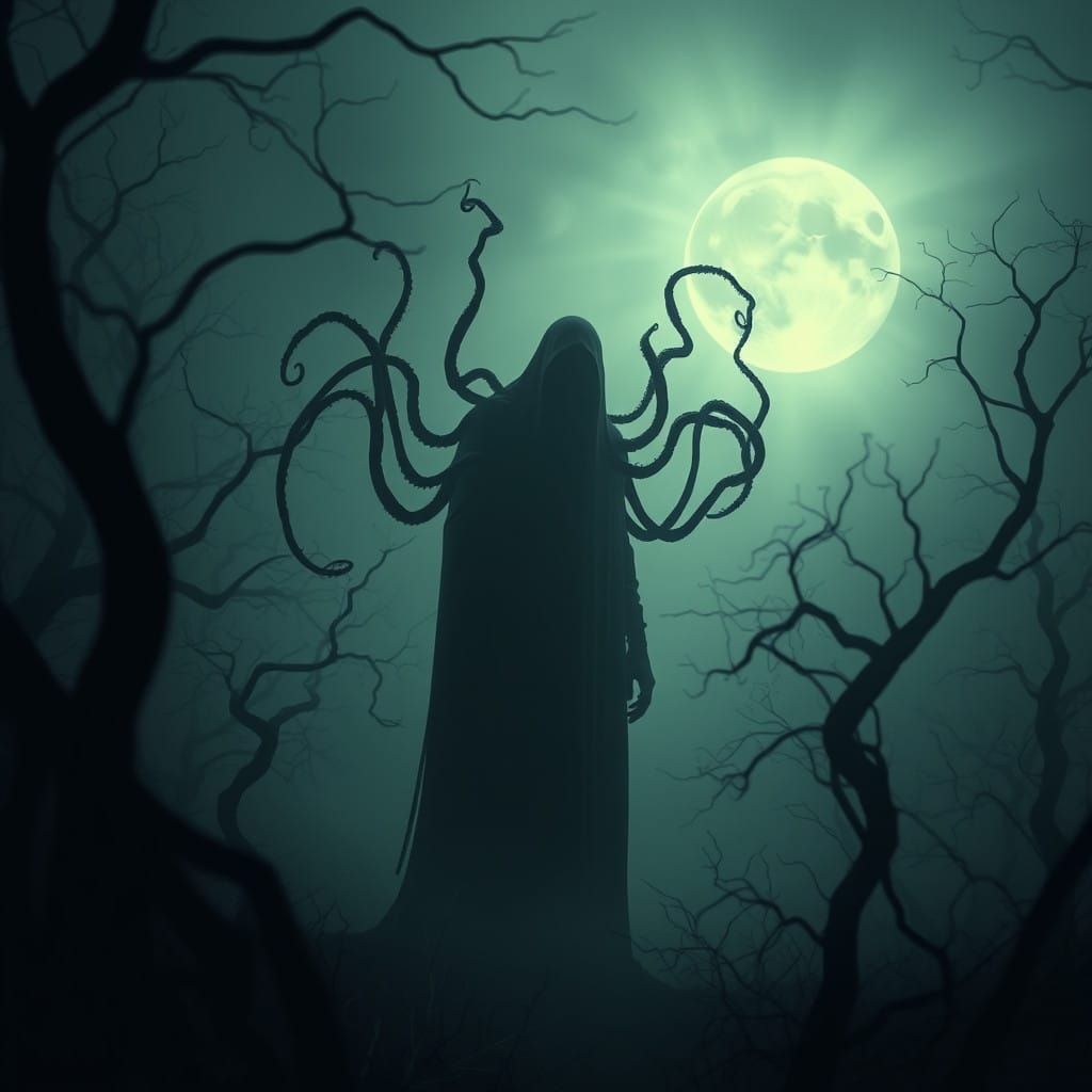 Ethereal Horror Figure Emerging from Lunar Shadows
