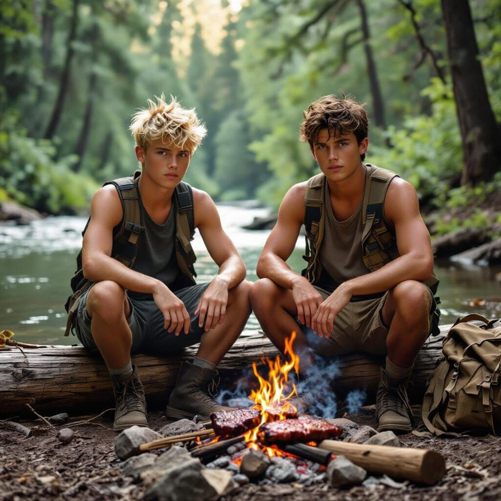 Boys Camping in Lush Forest: Cinematic Film Still