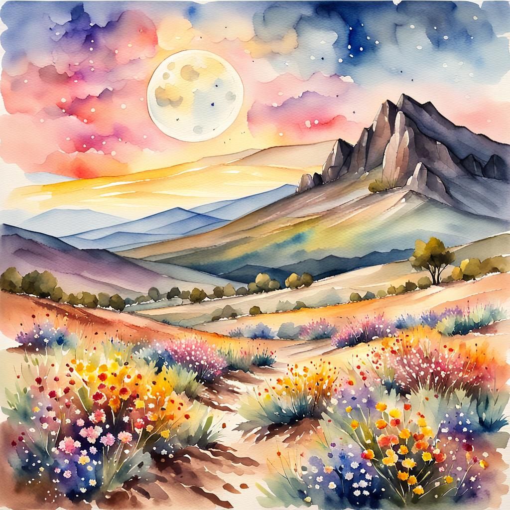 Colorful Landscape with Flowers, in Van Gogh Watercolor Styl...