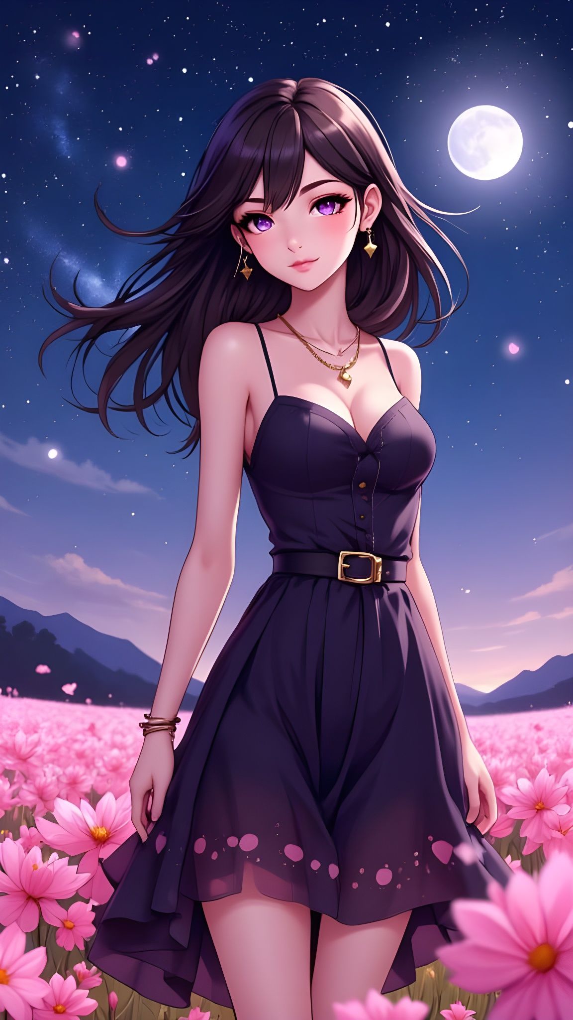 Anime Woman in Field of Pink Flowers
