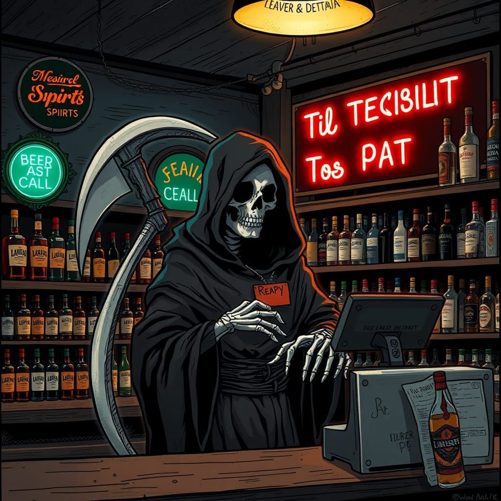 Grim Reaper's Liquor Store Shift: Macabre Illustration