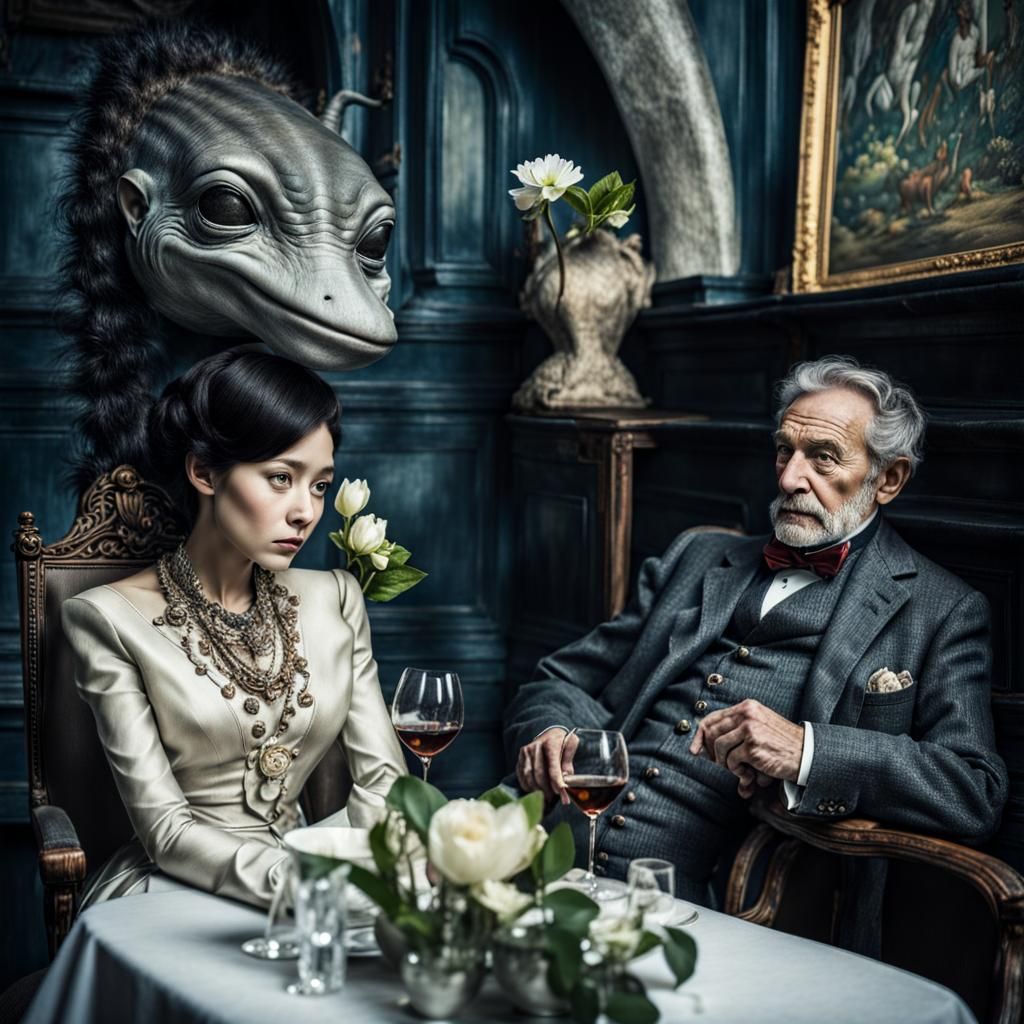 Surreal Alien Celebration in Gritty Restaurant