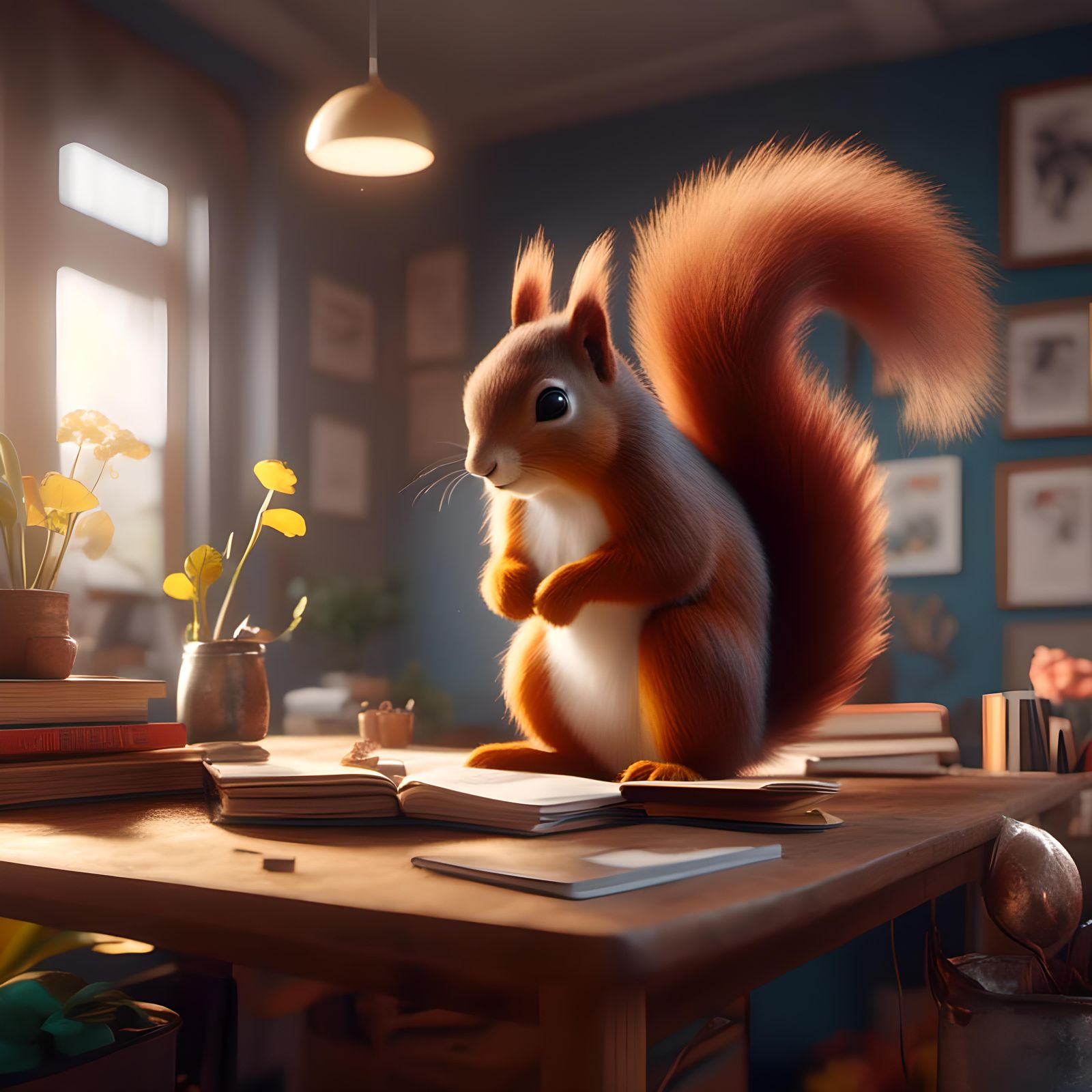 Giant Cute Squirrel in Office, Detailed Digital Art