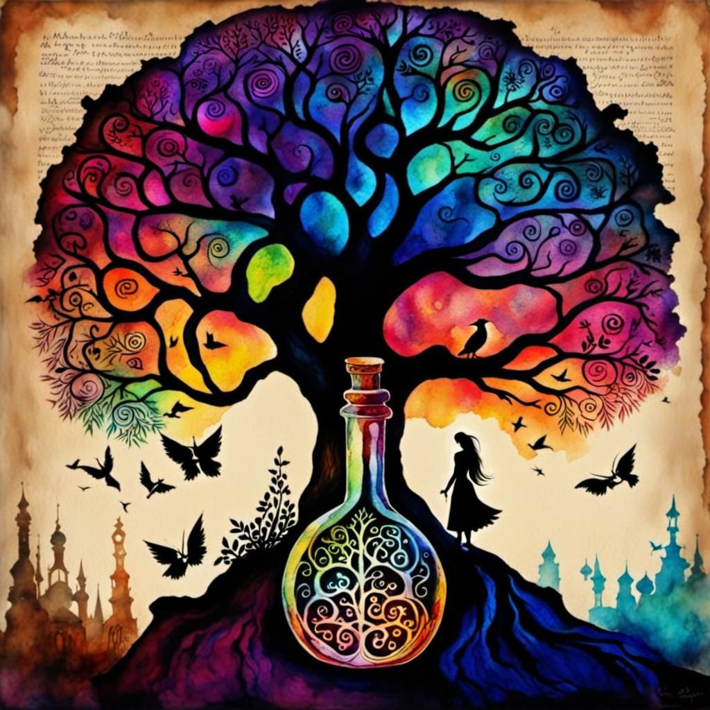 Vivid Watercolor Tree of Life with Woman