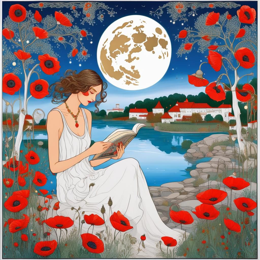 Woman Reading by River in Palekh Style