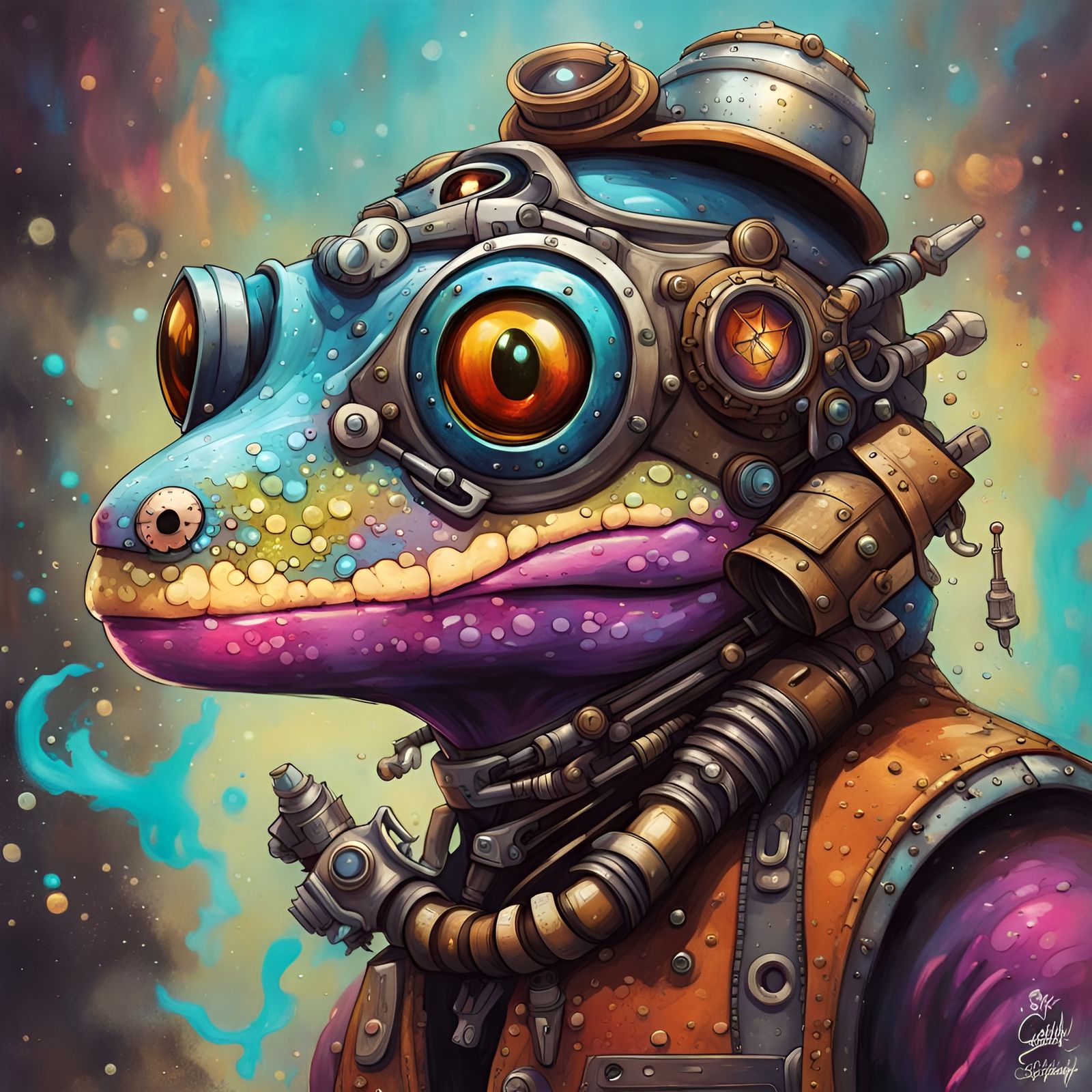 Steampunk Gecko in Space Racing Gear Graffiti Art