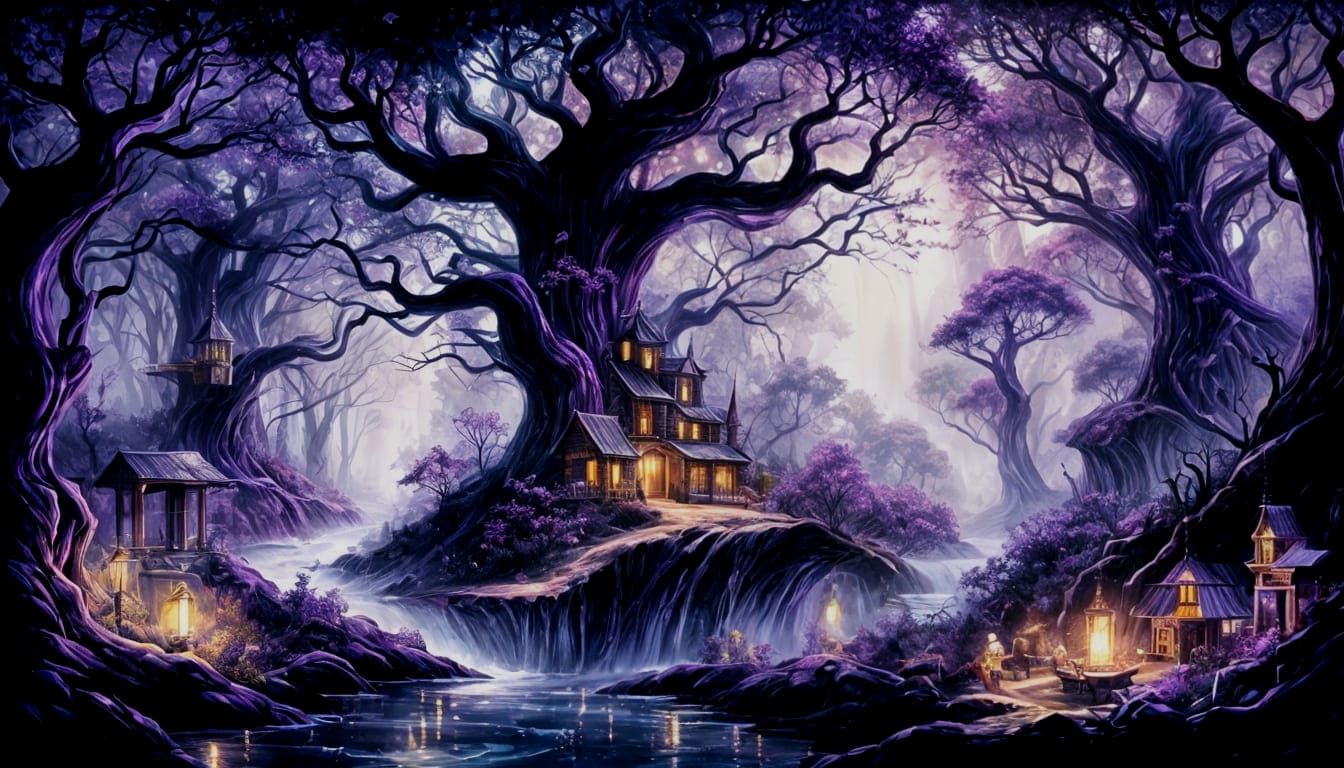 Enchanted Purple Forest Landscape in Dreamlike Watercolor St...