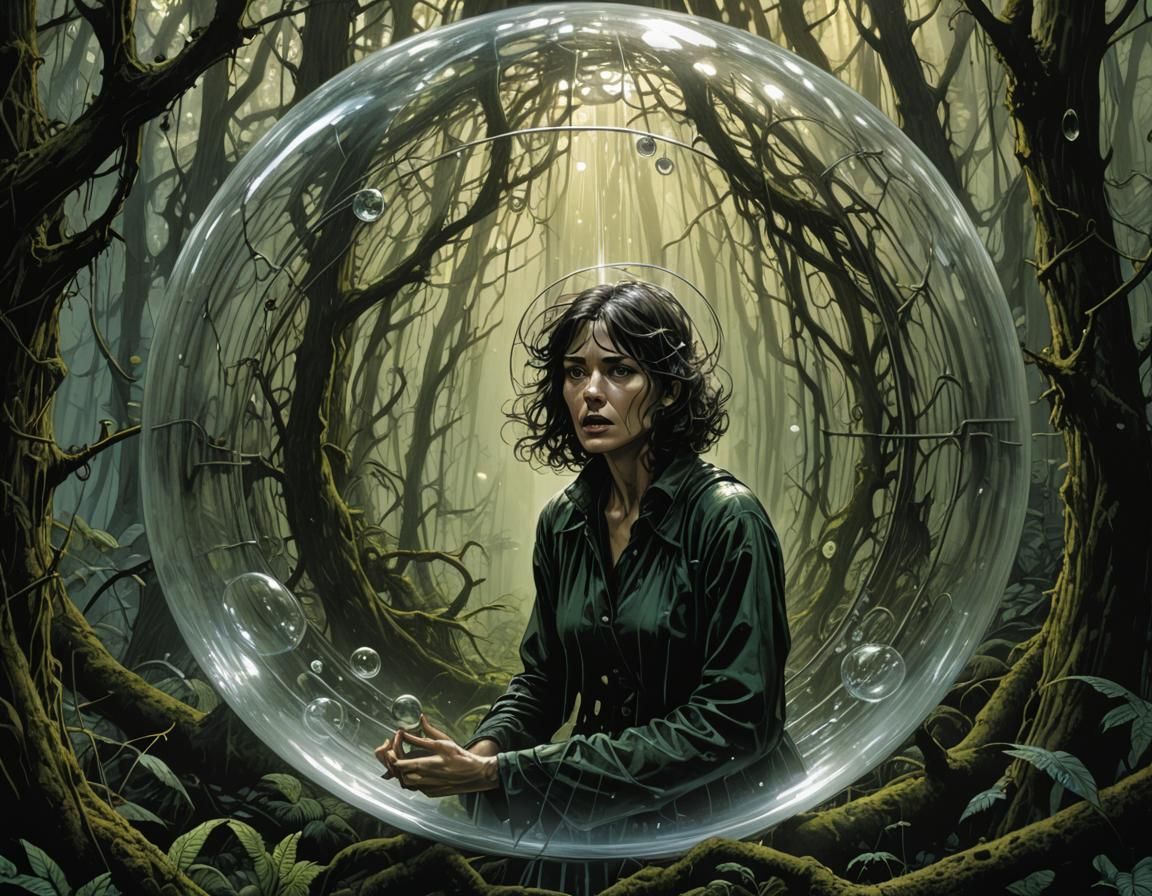 Terrified Woman in Dew Drop Bubble Cage