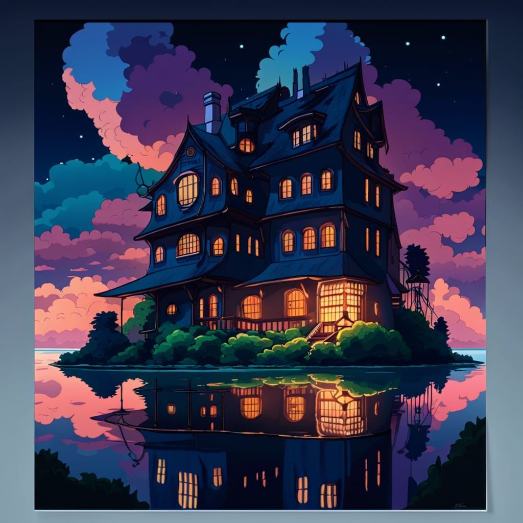 Ghibli Style House by Lake at Night