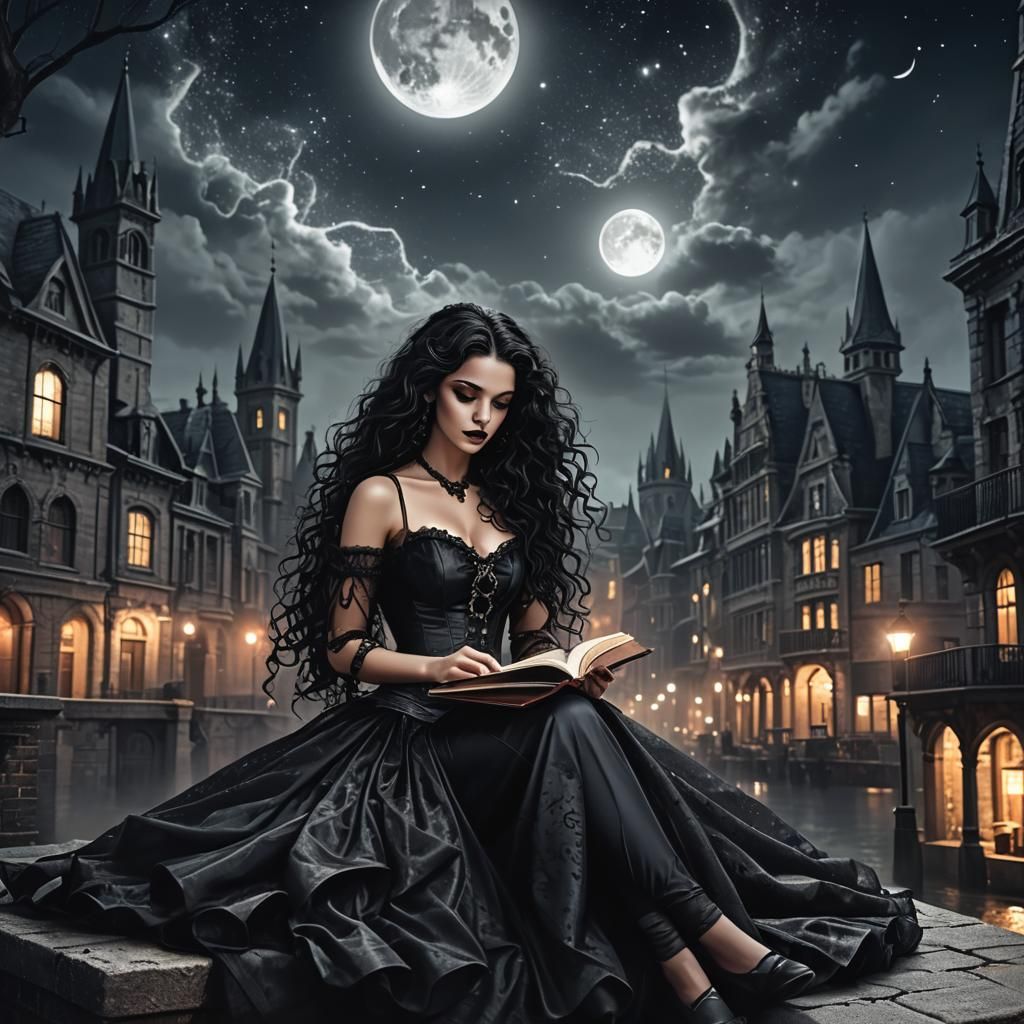 Gothic Girl Reading Under Moonlight: Detailed Matte Painting