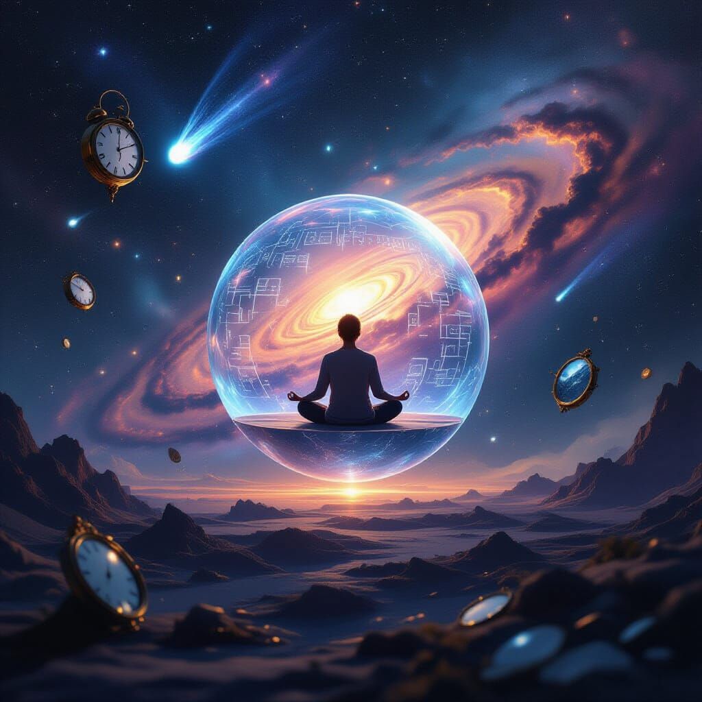 Cosmic Meditation: Figure in Glowing Sphere Amidst Swirling ...