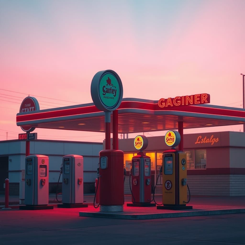 A 1970s-era gas station at dawn, the soft pink light of early morning reflecting off the metal pumps