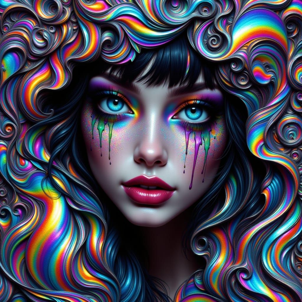 Gothic Woman Crying Rainbows in Psychedelic Digital Art
