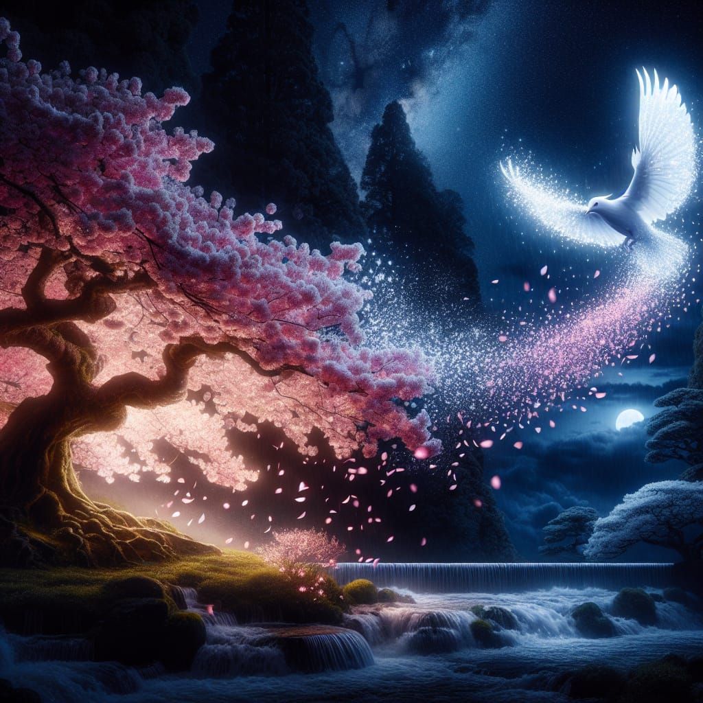 Sakura Tree Petals Transform into White Bird