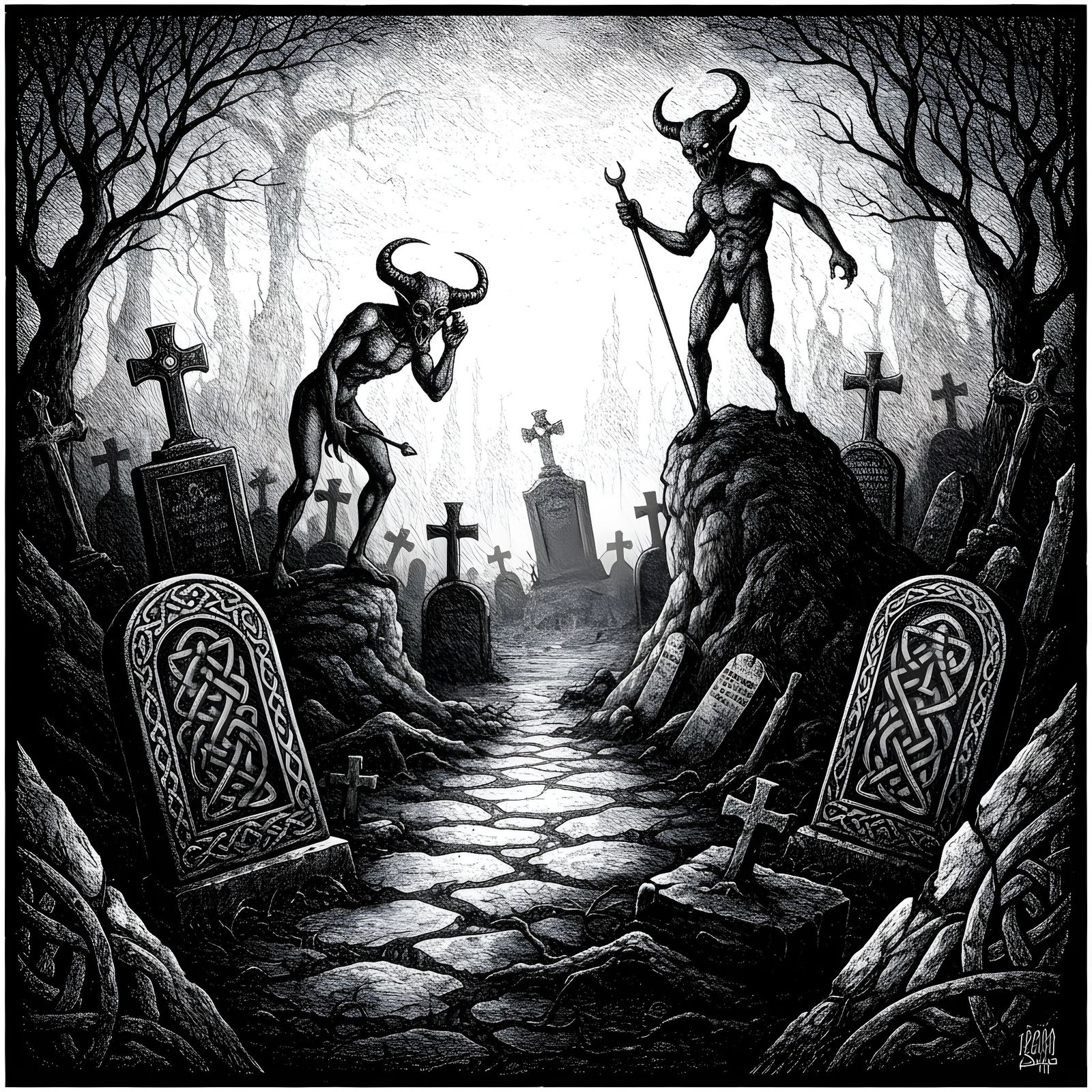 Demons in Hell with Celtic Patterns, Black and White Style