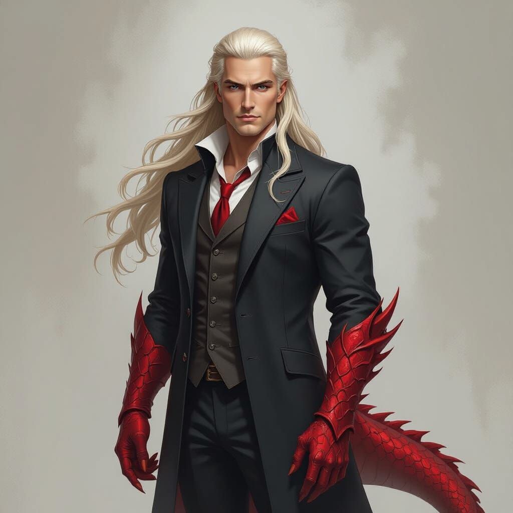 Realistic Dragon Man with Blond Hair and Red Scales