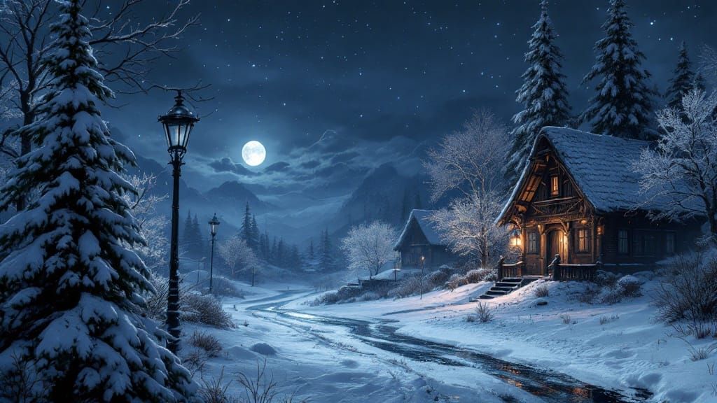 A Winter Night in Skyrim's Serene Landscape