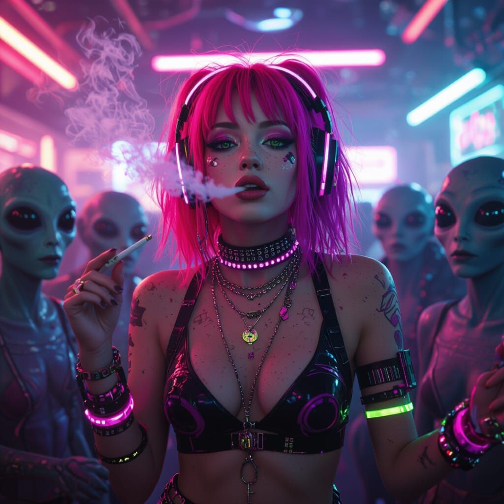 Funky Raver Girl Dances at Alien Rave in Cyberpunk Style
