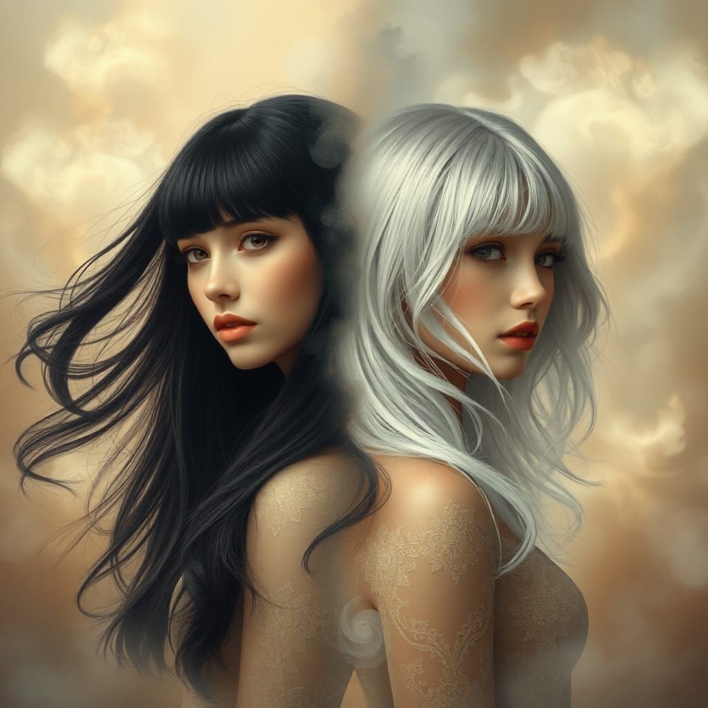 Ethereal Portrait: Black and White Haired Women